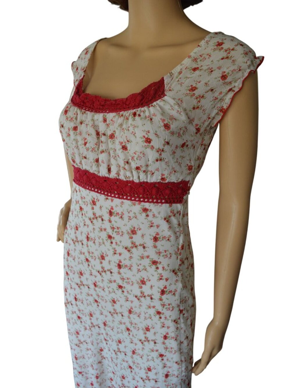 Vintage Y2K Monteau Red White Micro Floral Maxi Dress Womens Size XS Cottagecore - Picture 3 of 8